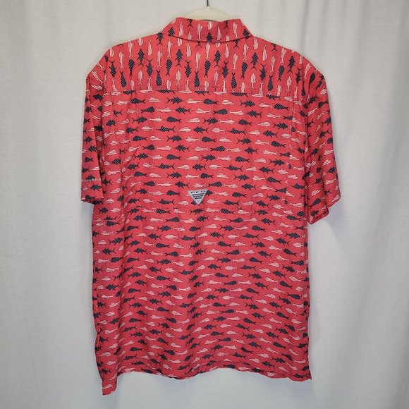 Columbia Pfg Men's Large Button Front Shirt Red Budweiser Fish Print - Picture 2 of 8